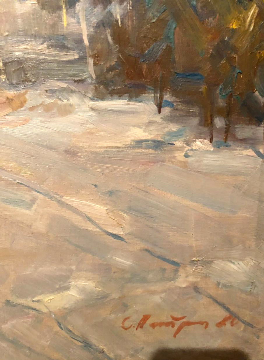 Oil painting of snowy landscape with trees by Petrashevsky Stanislav Vasilievich