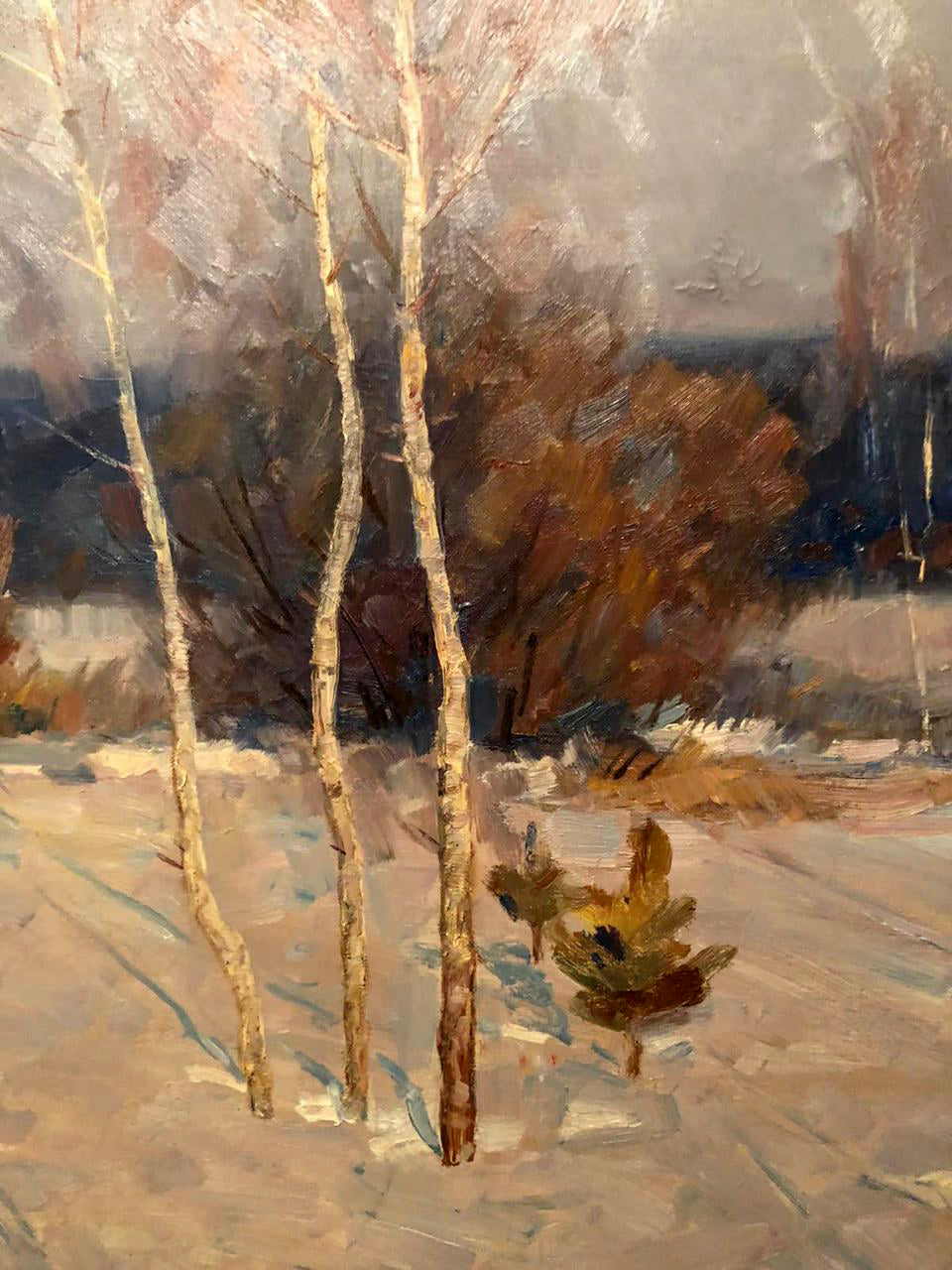 Oil painting of birch trees in snowy landscape by Petrashevsky Stanislav Vasilievich