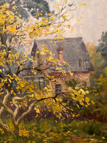 Oil painting of rustic stone cottage with thatched roof in autumn garden by Elena Genrikhovna Nechiporenko
