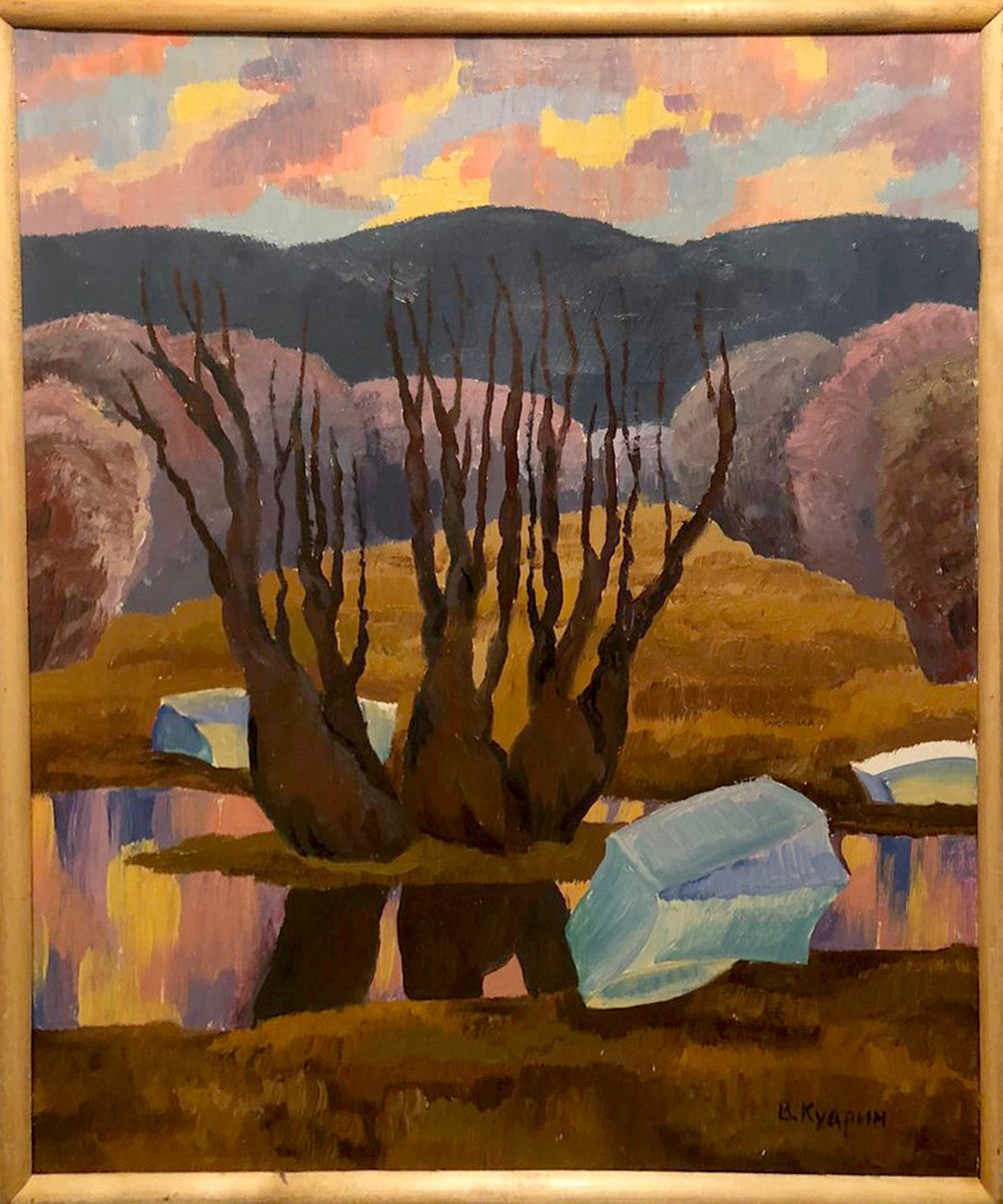 Framed oil painting of Kudrin Viktor Petrovich river landscape at sunset