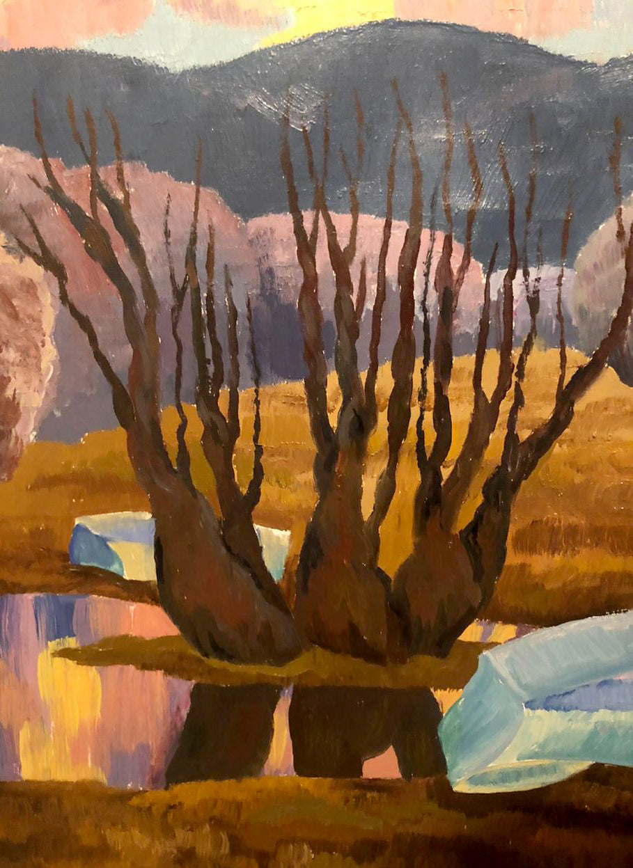Oil painting by Kudrin Viktor Petrovich: bare trees, mountains, warm sky