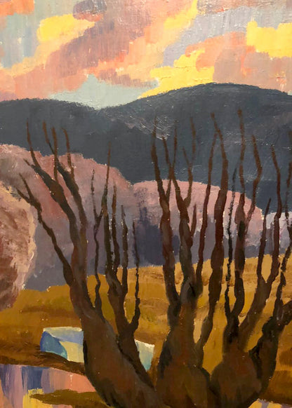 Oil painting by Kudrin Viktor Petrovich: bare trees, orange sky, purple mountains