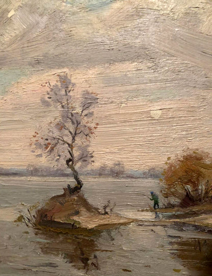 Oil painting of lone tree on island by Sergey Dmitrievich Molodchikov