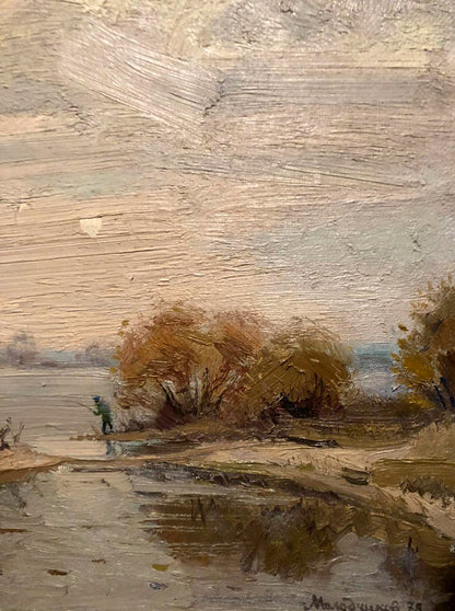 Oil painting Island by Sergey Dmitrievich Molodchikov, serene autumn landscape