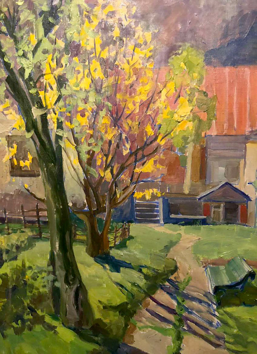 Oil painting Native home by Zhabinsky A. M. with vibrant tree and buildings