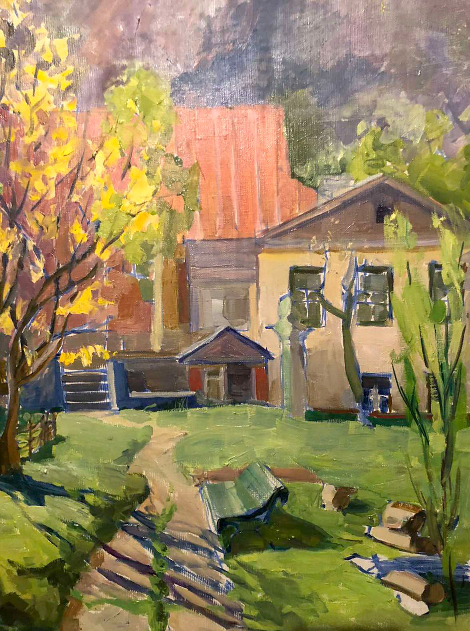 Vibrant impressionist oil painting Native home by Zhabinsky A. M. Yellow house orange roof greenery autumn trees