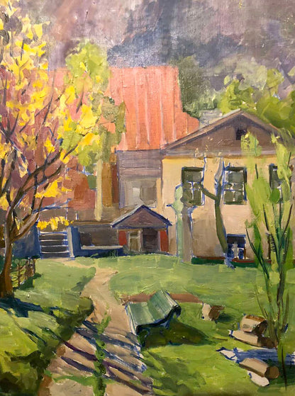 Vibrant impressionist oil painting Native home by Zhabinsky A. M. Yellow house orange roof greenery autumn trees