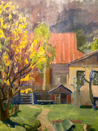Oil painting Native home by Zhabinsky A. M. impressionist house orange roof autumn trees
