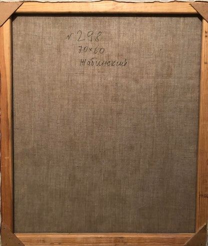 Back of framed Oil painting Native home Zhabinsky A. M. with handwritten markings on brown linen