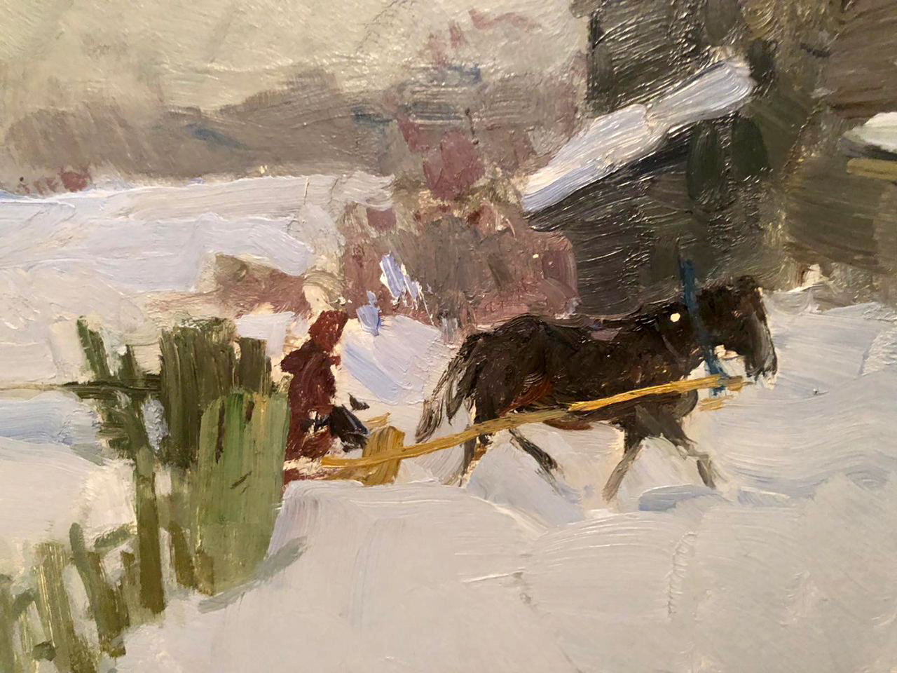 Oil painting by Efimenko Victor Romanovich: brown horse pulls sled in snow