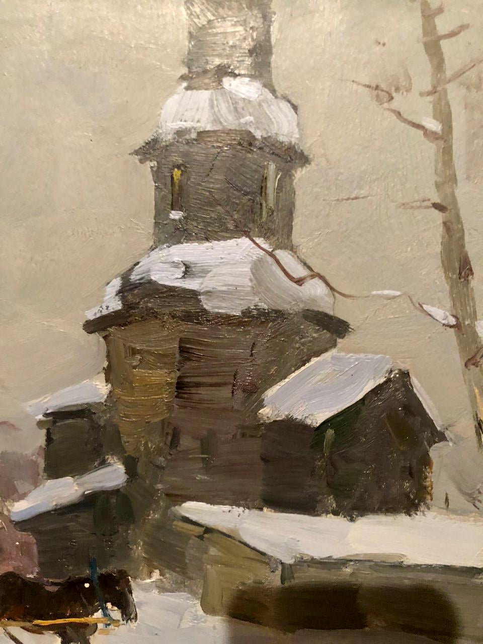 Oil painting Gray day by Efimenko Victor Romanovich: snow-covered wooden church