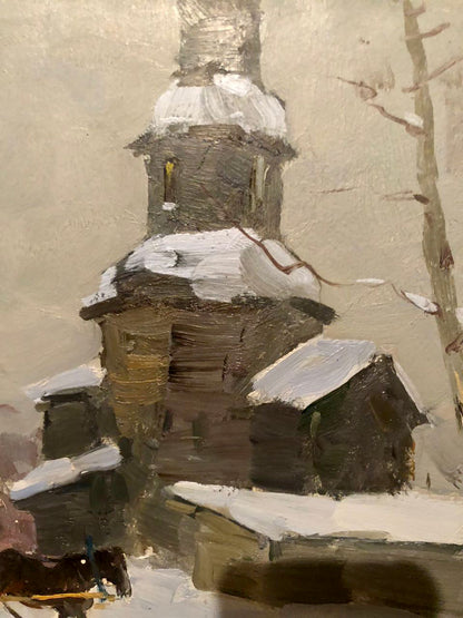 Oil painting Gray day by Efimenko Victor Romanovich: snow-covered wooden church