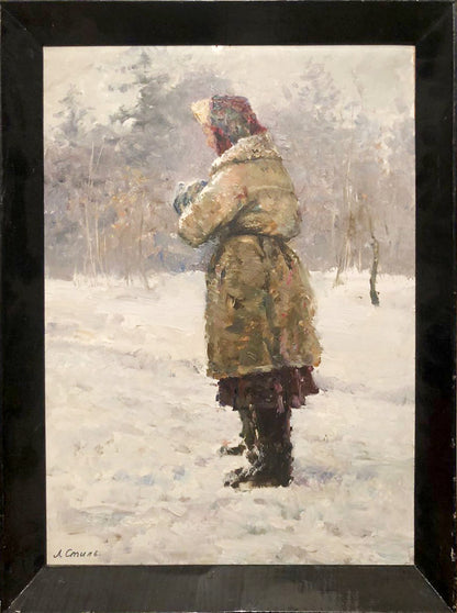 Framed oil painting portrait of grandmother by Stil Leonid Mikhailovich in snowy landscape
