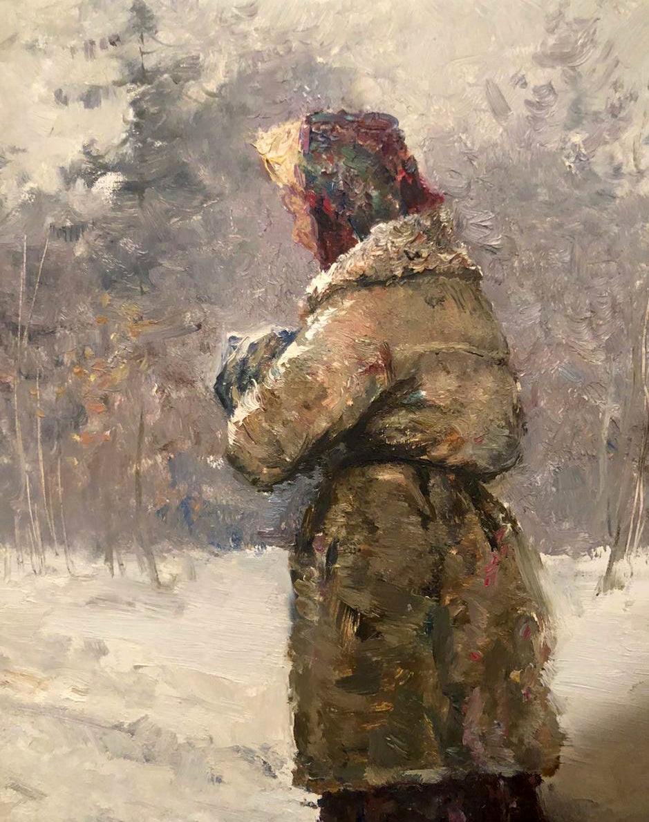 Oil painting portrait of grandmother in snowy landscape by Stil Leonid Mikhailovich