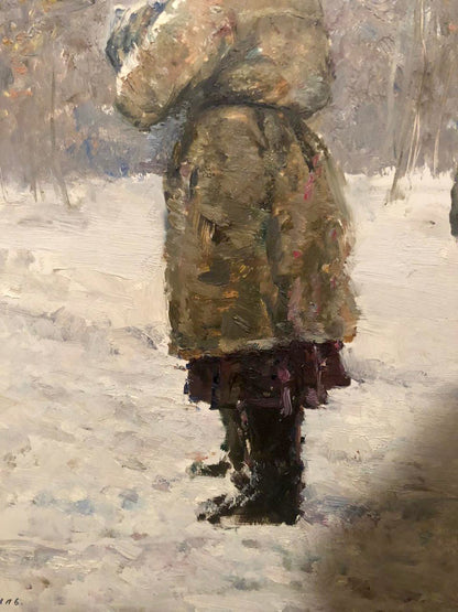 Oil painting portrait by Stil Leonid Mikhailovich: child in hooded brown coat in snow