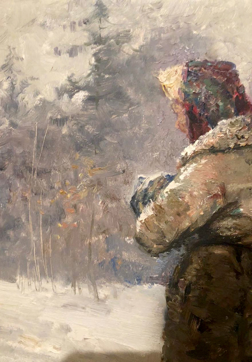 Oil painting portrait of grandmother in fur coat, snowy forest by Stil Leonid Mikhailovich