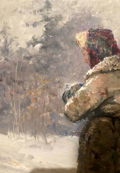 Oil painting portrait of grandmother in fur coat, snowy forest by Stil Leonid Mikhailovich