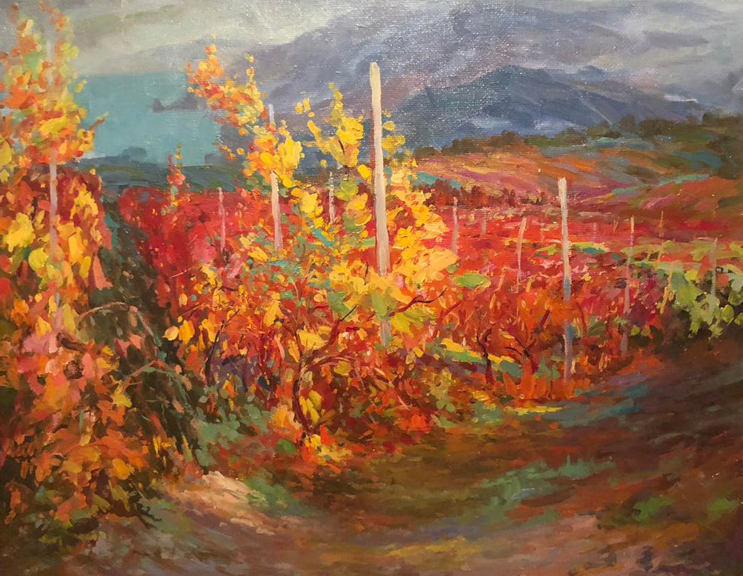 Oil painting Red vineyard by Levichev Anatoly, vibrant autumn landscape