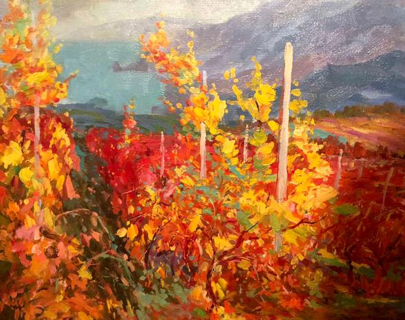 Oil painting Red vineyard Levichev Anatoly: vibrant autumn leaves, misty lake