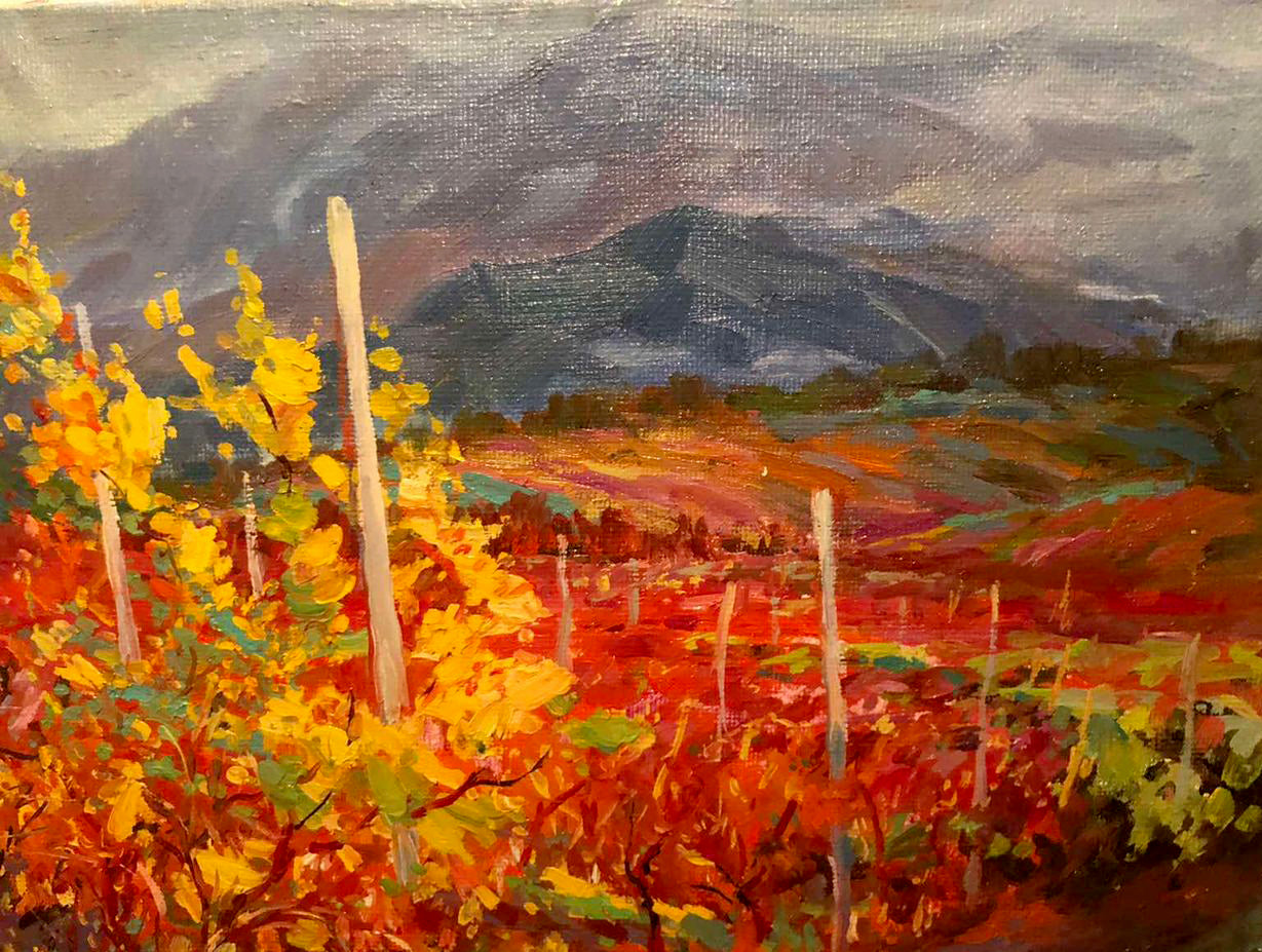 Oil painting Red vineyard by Levichev Anatoly: vibrant autumn landscape