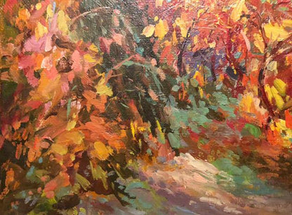 Vibrant Red Vineyard oil painting by Levichev Anatoly, fiery autumn foliage