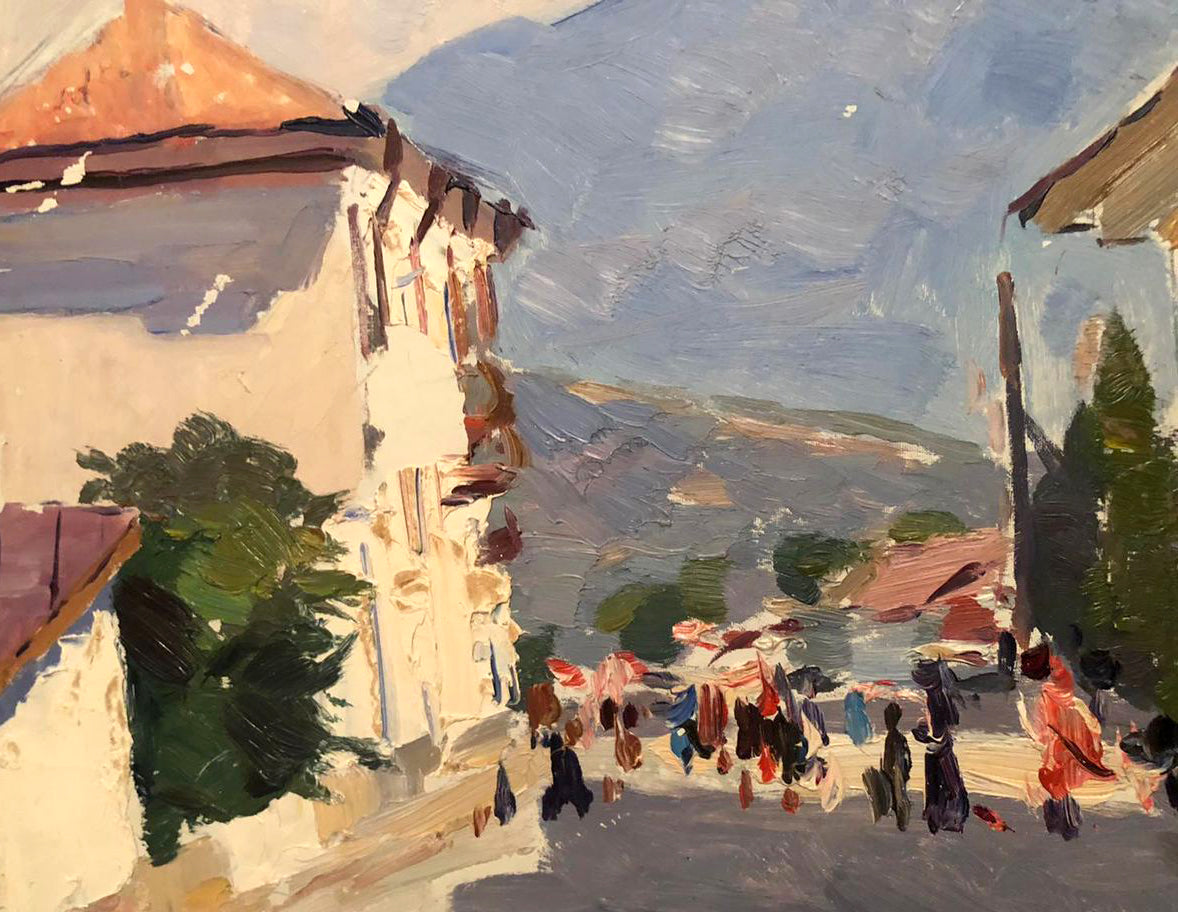 Vibrant impressionist oil painting by Yarovaya Natalya Stepanovna, sunlit summer street scene