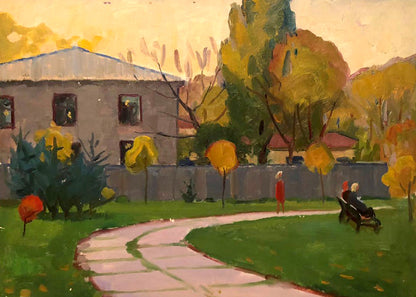 Oil painting Autumn soon by Khrustalenko Nikolai Alexandrovich: winding path, yellow trees, gray building
