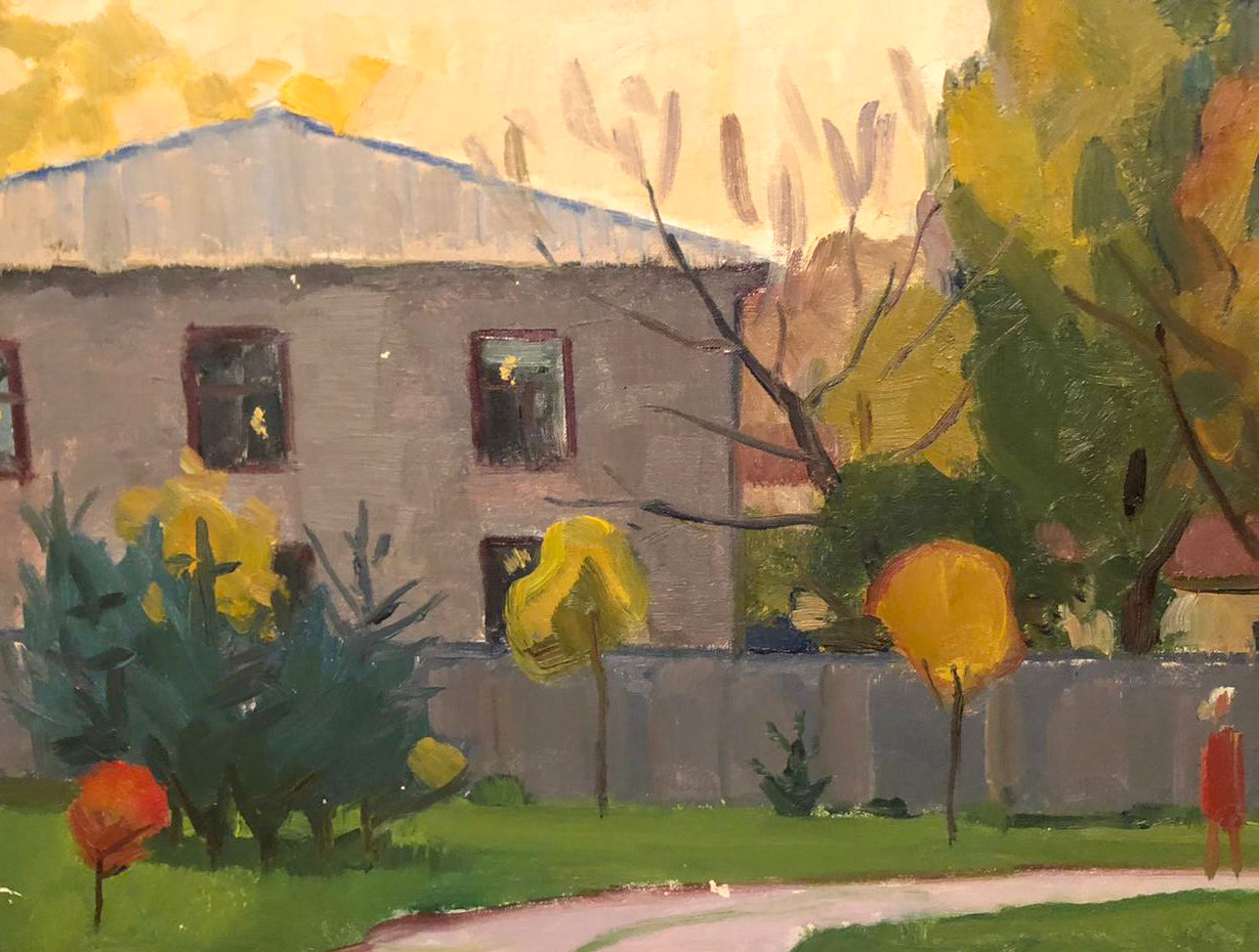 Oil painting Autumn soon by Khrustalenko Nikolai Alexandrovich: gray two-story house, blue roof, autumn trees
