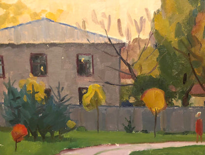 Oil painting Autumn soon by Khrustalenko Nikolai Alexandrovich: gray two-story house, blue roof, autumn trees