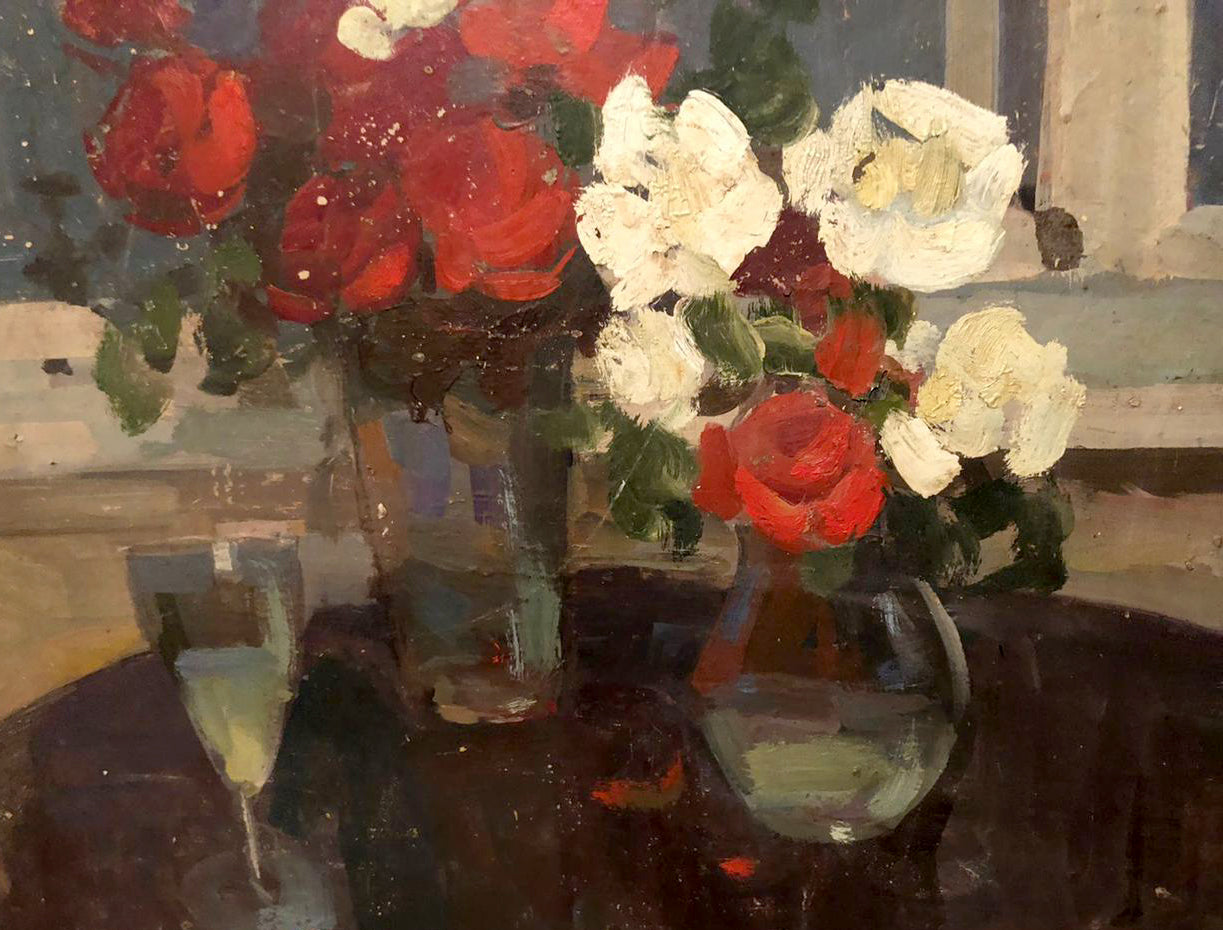Oil painting Roses on the table: red and white roses in glass vases