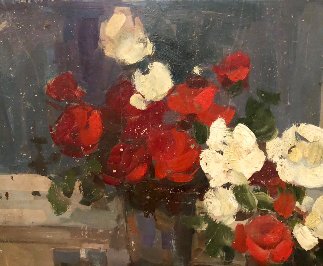 Oil painting Roses on the table: vibrant red and white roses in textured vase