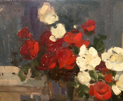 Oil painting Roses on the table: vibrant red and white roses in textured vase