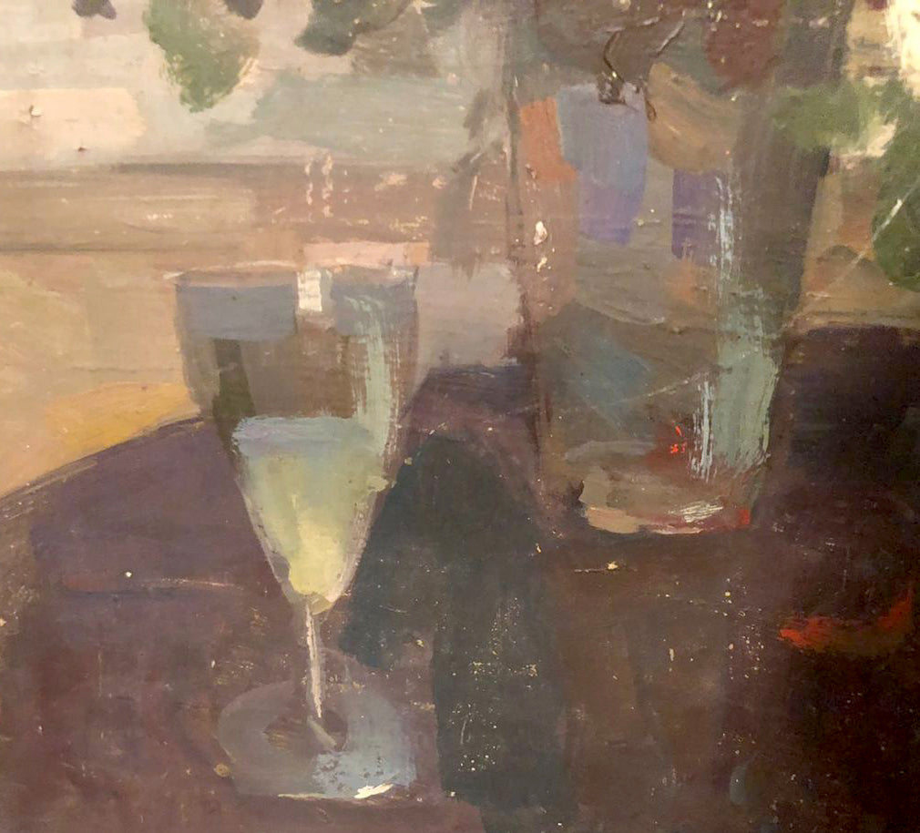 Oil painting Roses on the table with green yellow wine glass