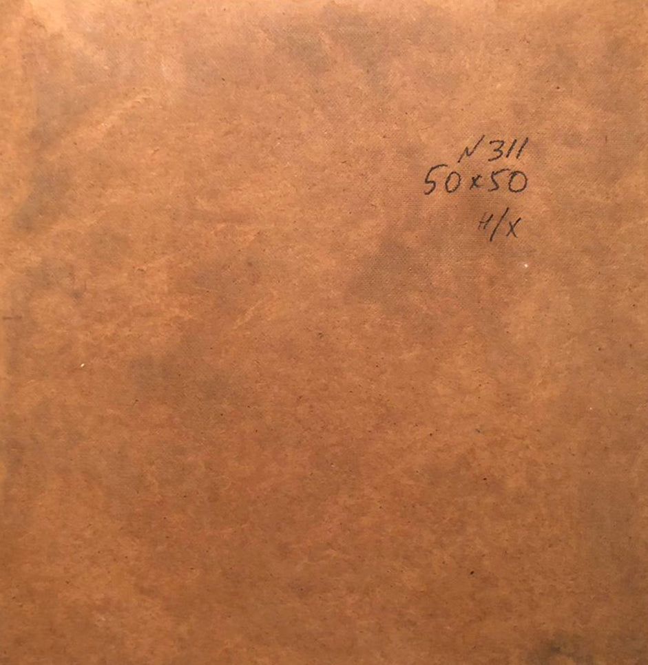 Back of Oil painting Roses on the table with brown textured surface and handwritten markings