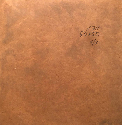 Back of Oil painting Roses on the table with brown textured surface and handwritten markings