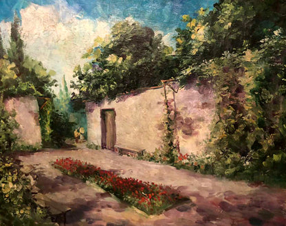 Oil painting Garden: rustic stone wall with wooden door, lush greenery, red flowers