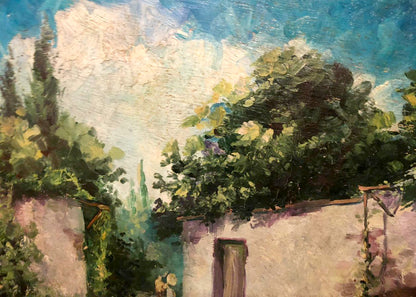 Oil painting Garden: sunlit textured scene with lush green foliage and white walls