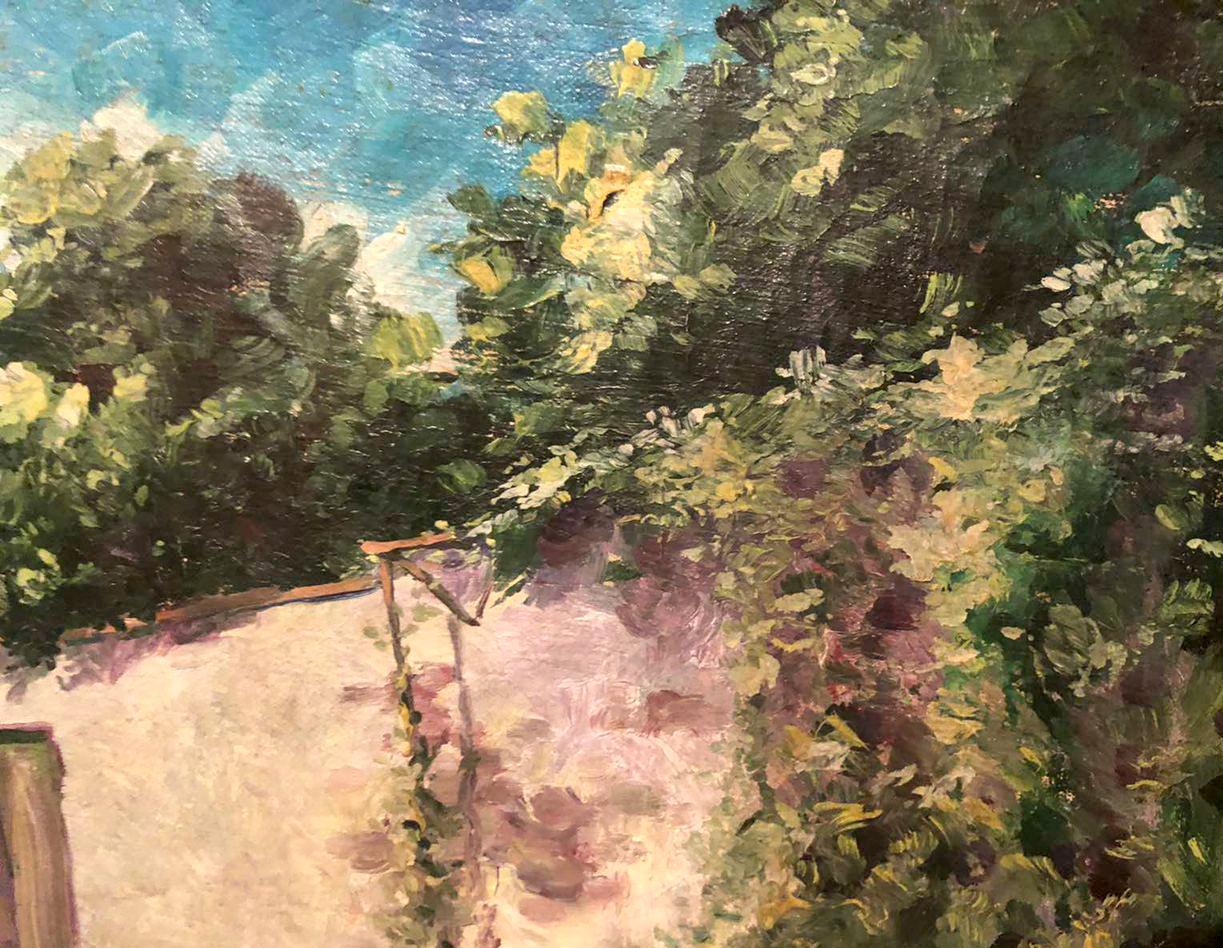 Vibrant impressionist oil painting of sunlit garden path with lush greenery and yellow flowers