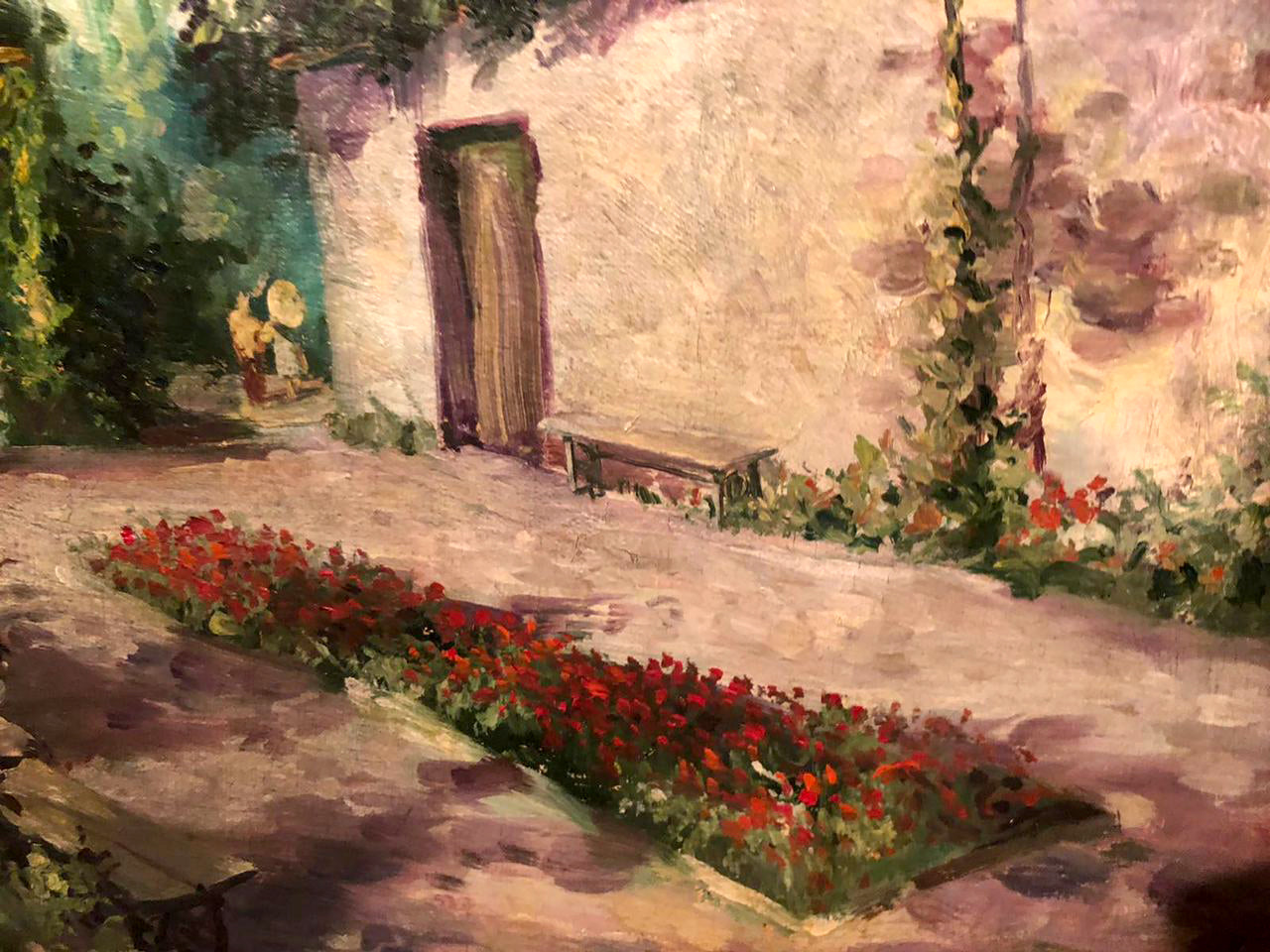 Oil painting of rustic stone wall with ivy and dark wooden garden door
