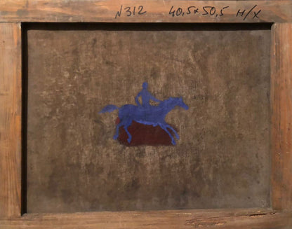 Blue horse rider silhouette enamel on textured canvas in Oil painting Garden frame
