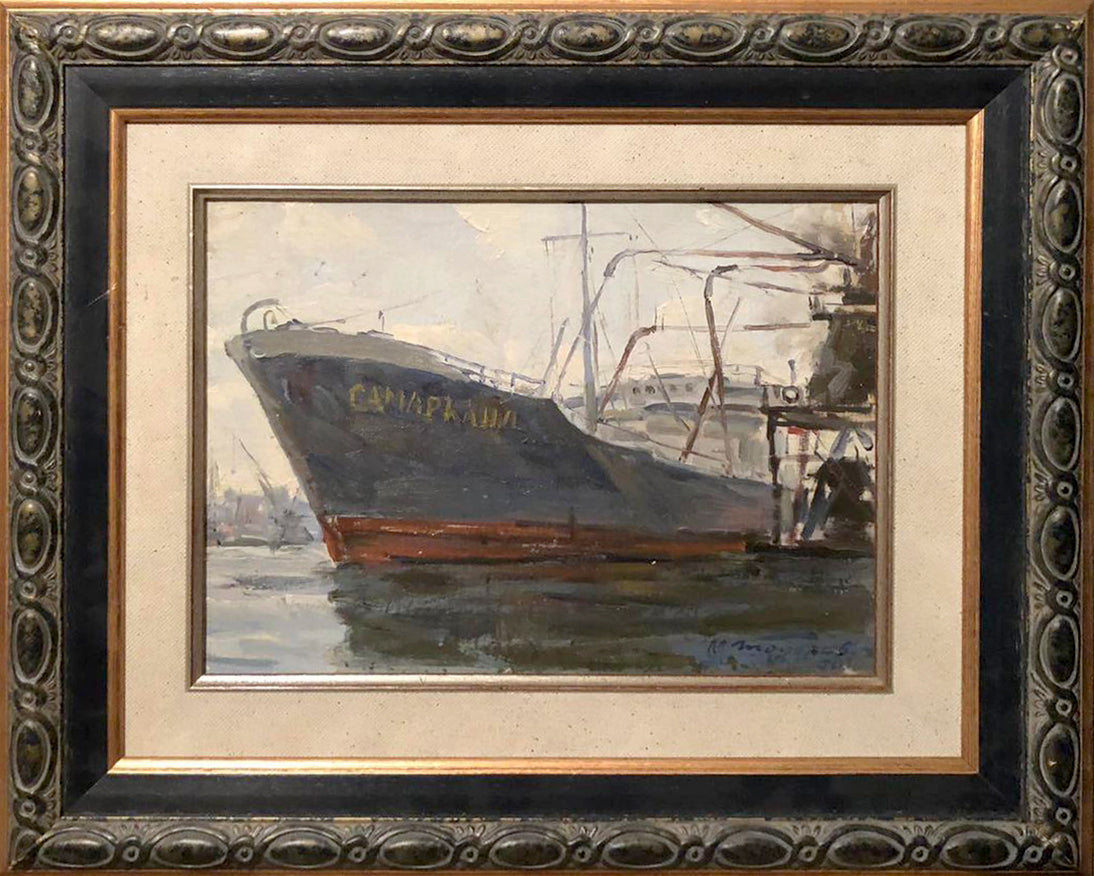 Oil painting of dark blue rust boat Canapakada by Todorov Mikhail Dmitrievich