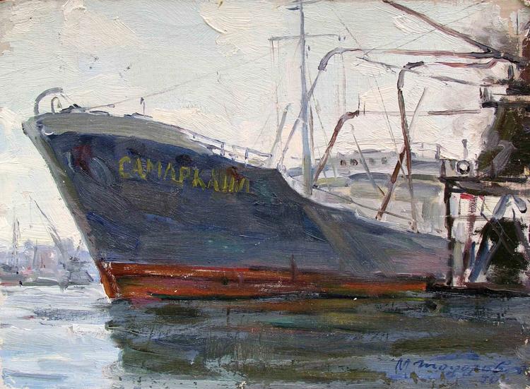 Oil painting by Todorov Mikhail Dmitrievich: dark blue boat Samarqand docked