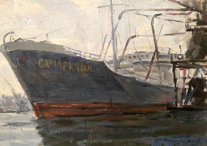 Oil painting by Todorov Mikhail Dmitrievich: dark blue boat Smarkana in harbor