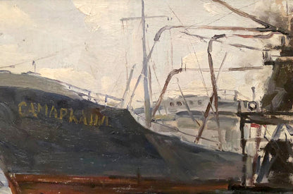 Oil painting by Todorov Mikhail Dmitrievich: dark ship Samarkanda by port