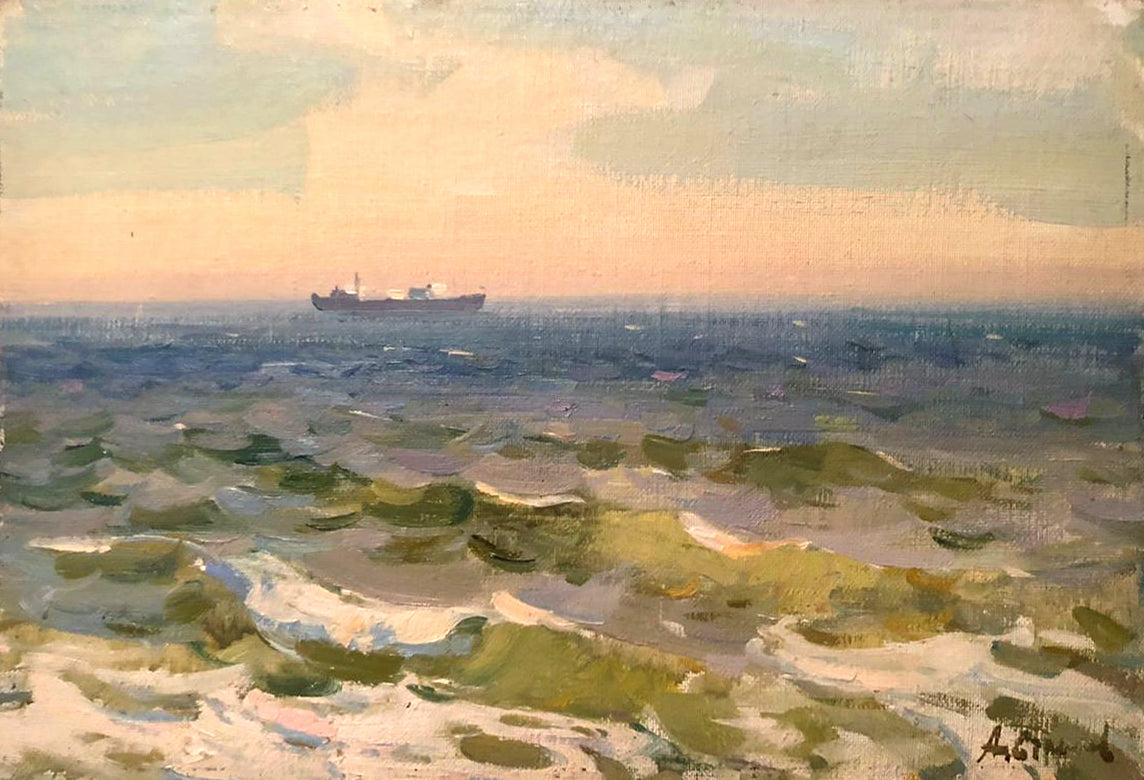 Oil painting Spring sea by Strelov Arkady Efimovich: cargo ship on ocean