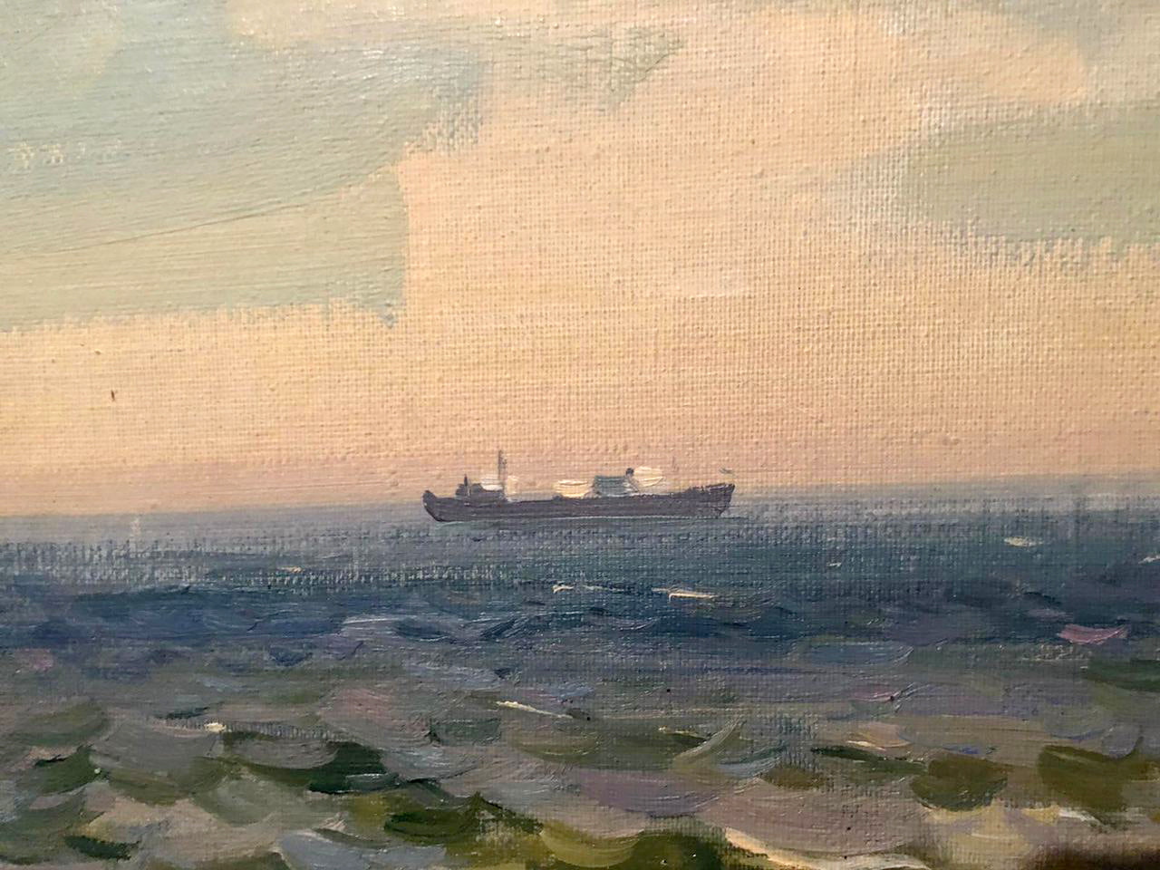 Oil painting Spring sea by Strelov Arkady Efimovich: cargo ship on blue ocean