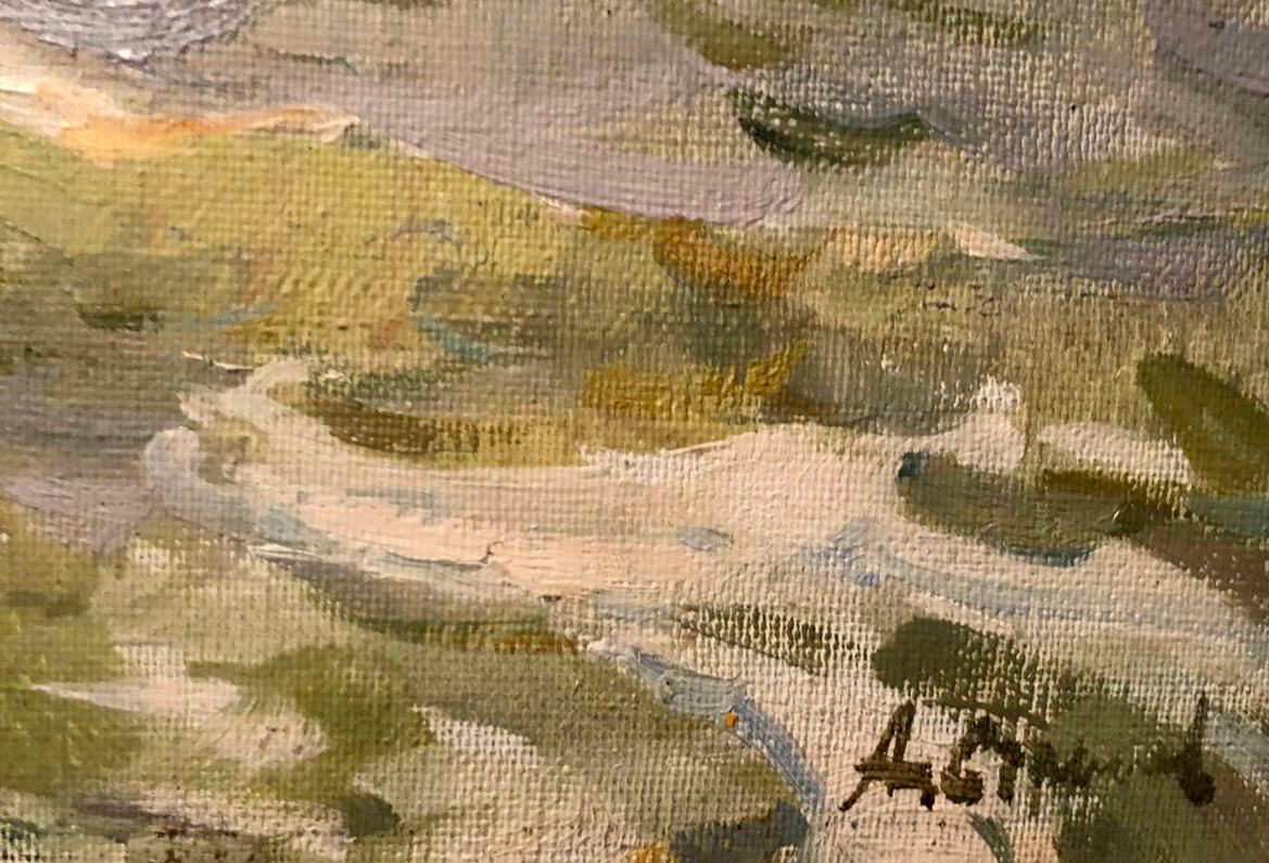 Oil painting Spring sea by Strelov Arkady Efimovich textured canvas back