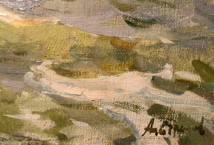 Oil painting Spring sea by Strelov Arkady Efimovich textured canvas back