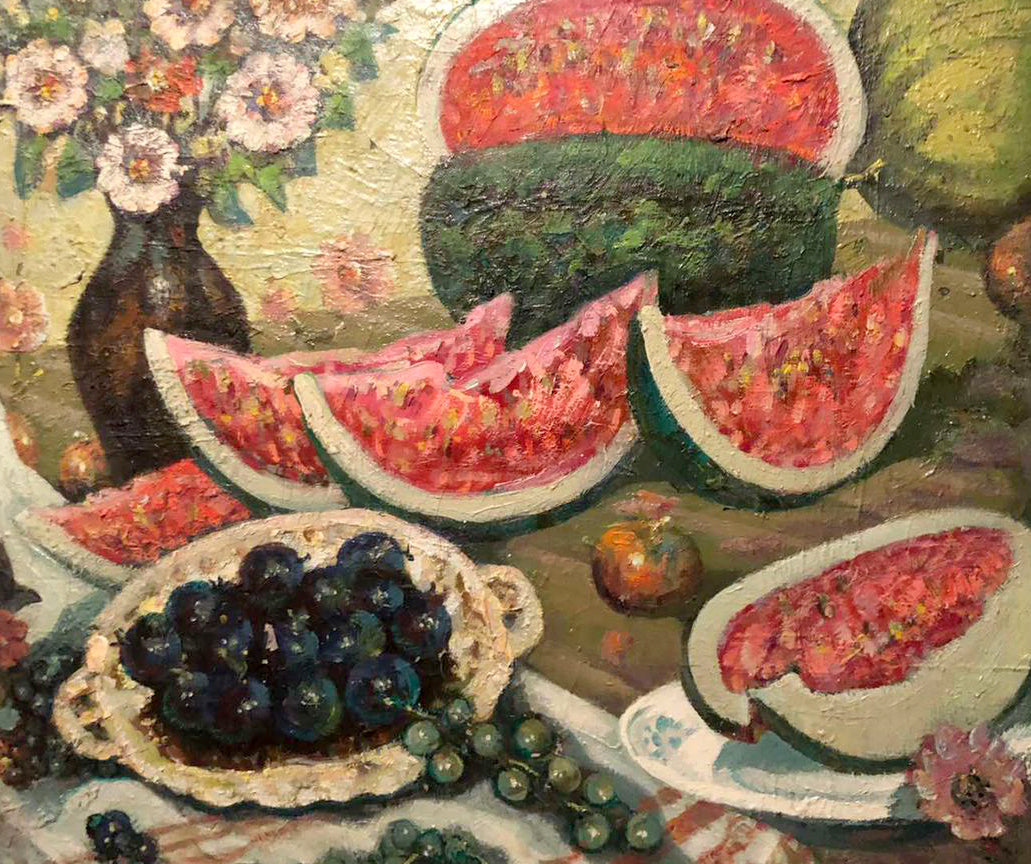 Oil painting Still life by Shapoval Ivan Leontyevich: sliced watermelons and grapes