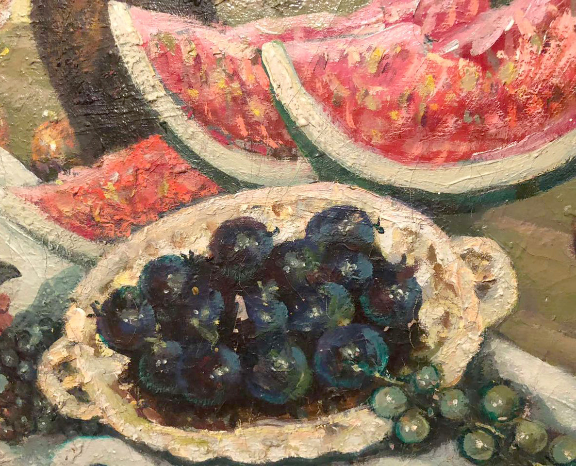 Oil painting by Shapoval Ivan Leontyevich: impressionistic basket of dark purple grapes with green ones